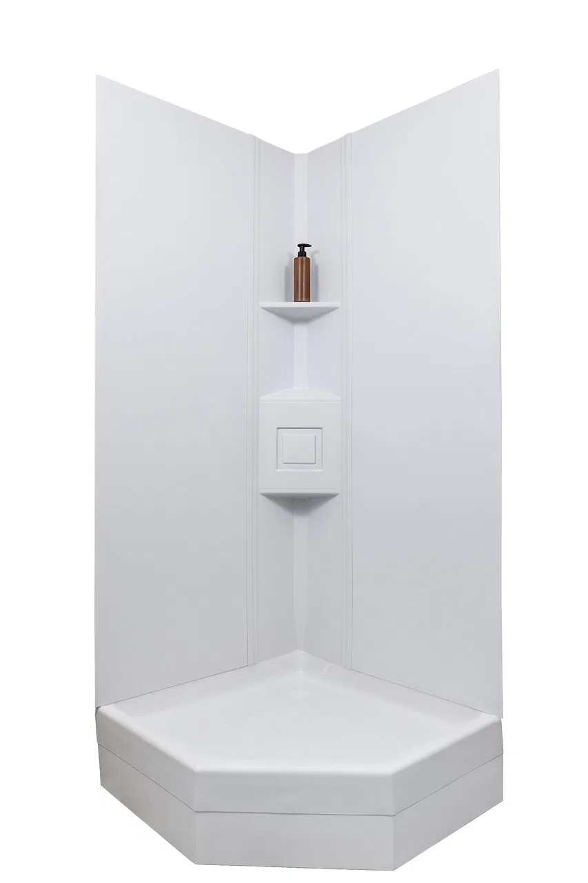 15246 – ICON Shower Surround, 2 Piece Design 72 Inch x 27 Inch Neo Angle Shower White Smooth ABS Plastic Tape On: Wit...